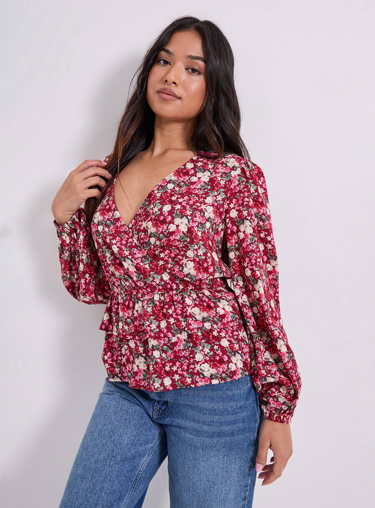DOROTHY PERKINS Petite Pink Ditsy Wrap Front Frill Detail Printed Blouse 6 - Image 1